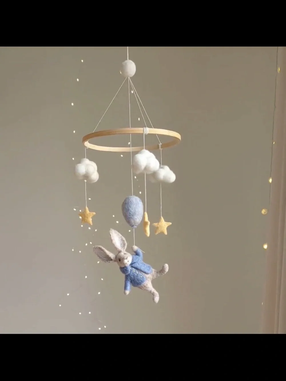 Handmade Felt Bunny Mobile with Clouds & Stars - Blue